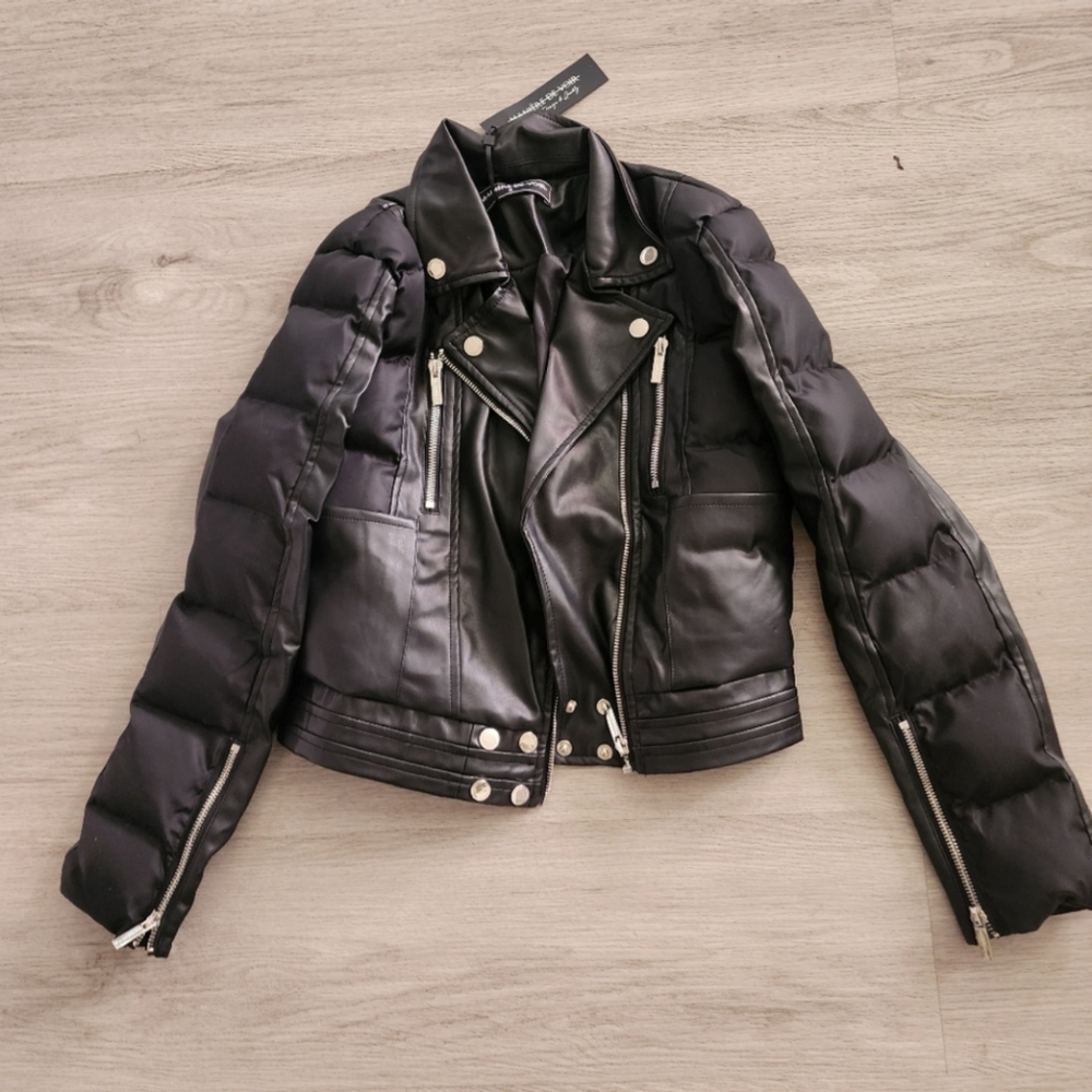 Maniere De Voir Black Faux Leather Biker Jacket Size 0 NWT
